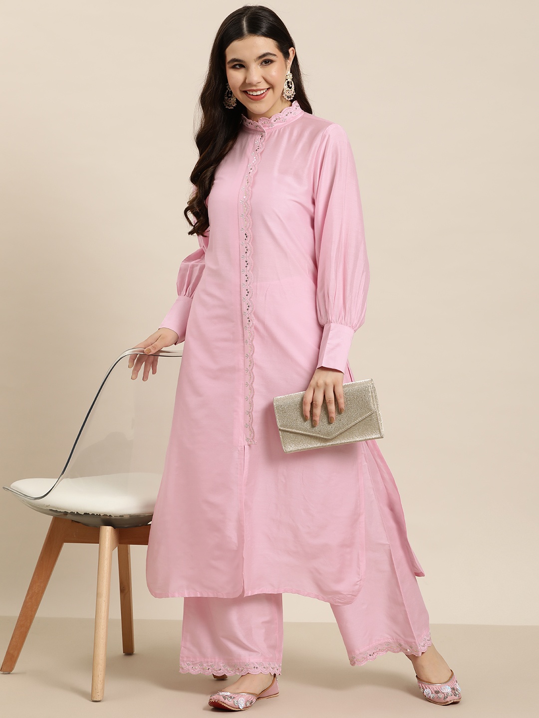 

HERE&NOW Sequinned Kurta with Palazzos, Pink