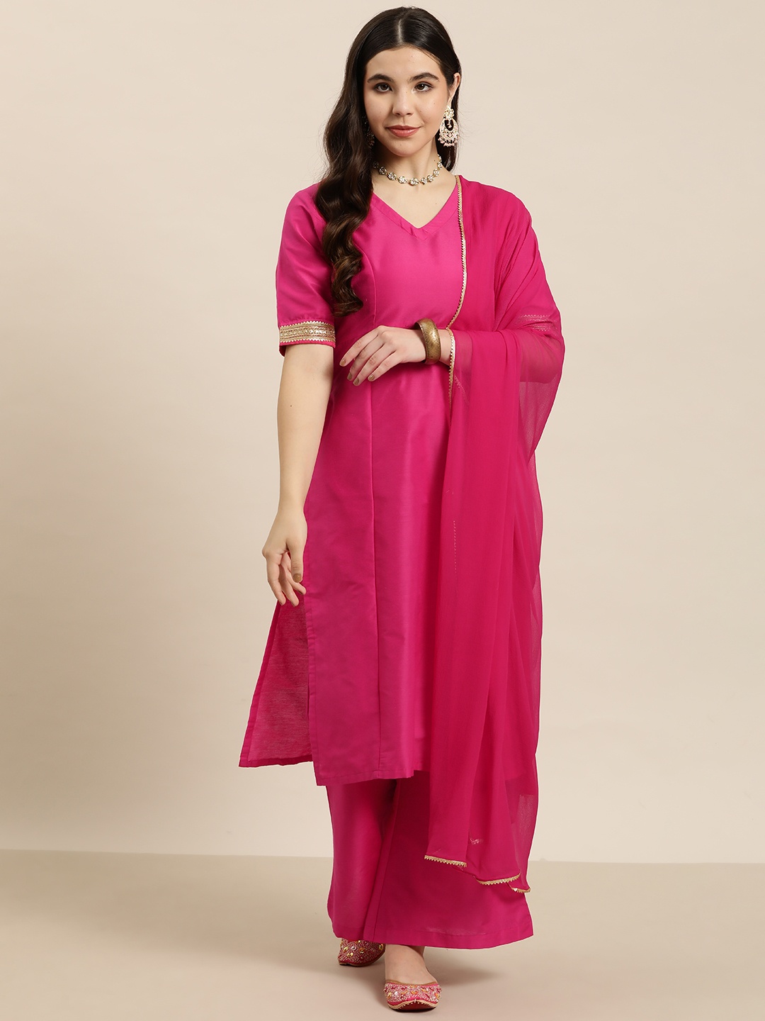 

HERE&NOW Panelled Gotta Patti Kurta with Palazzos & Dupatta, Magenta