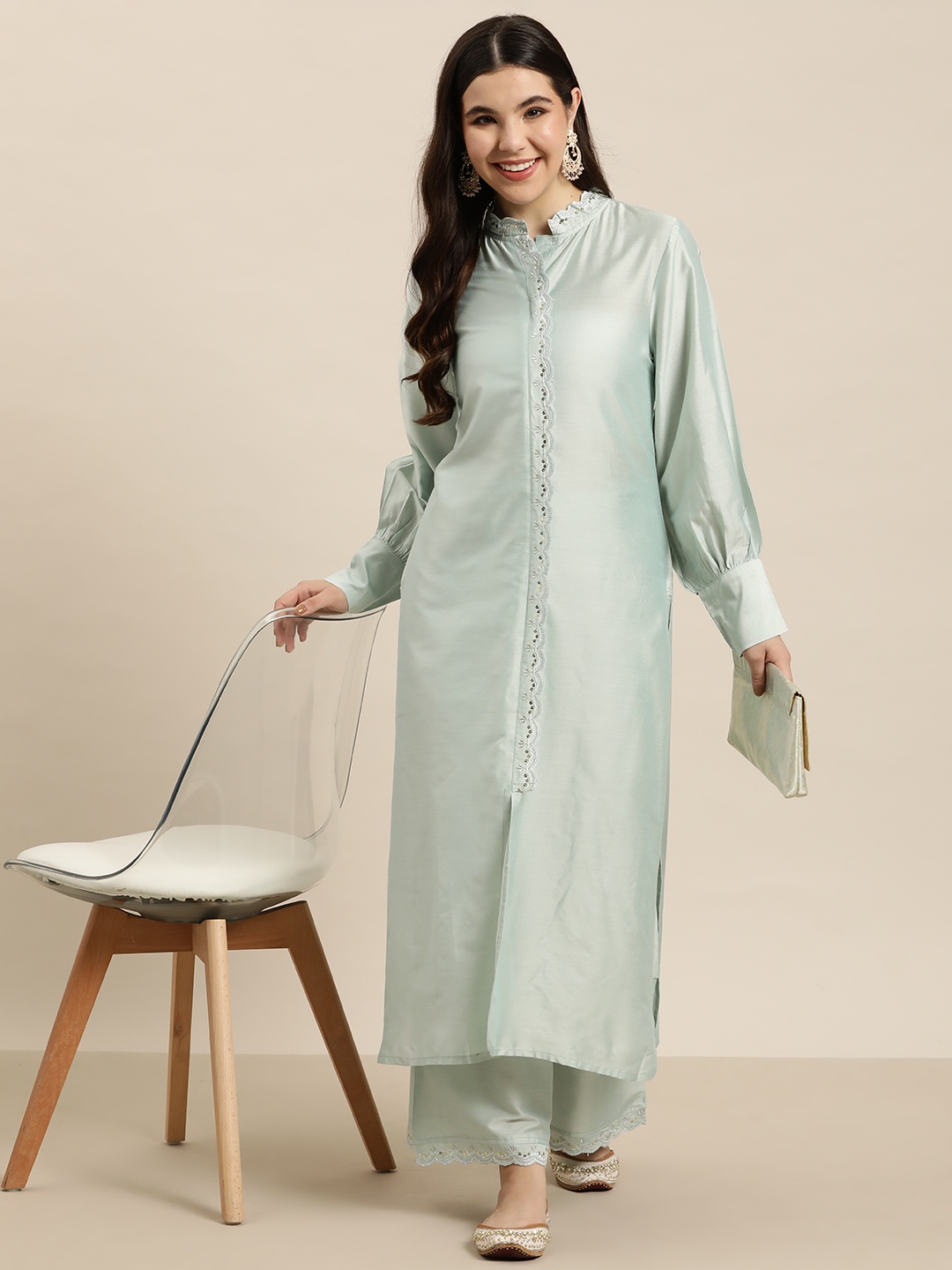 

HERE&NOW Regular Sequinned Kurta with Palazzos, Sea green
