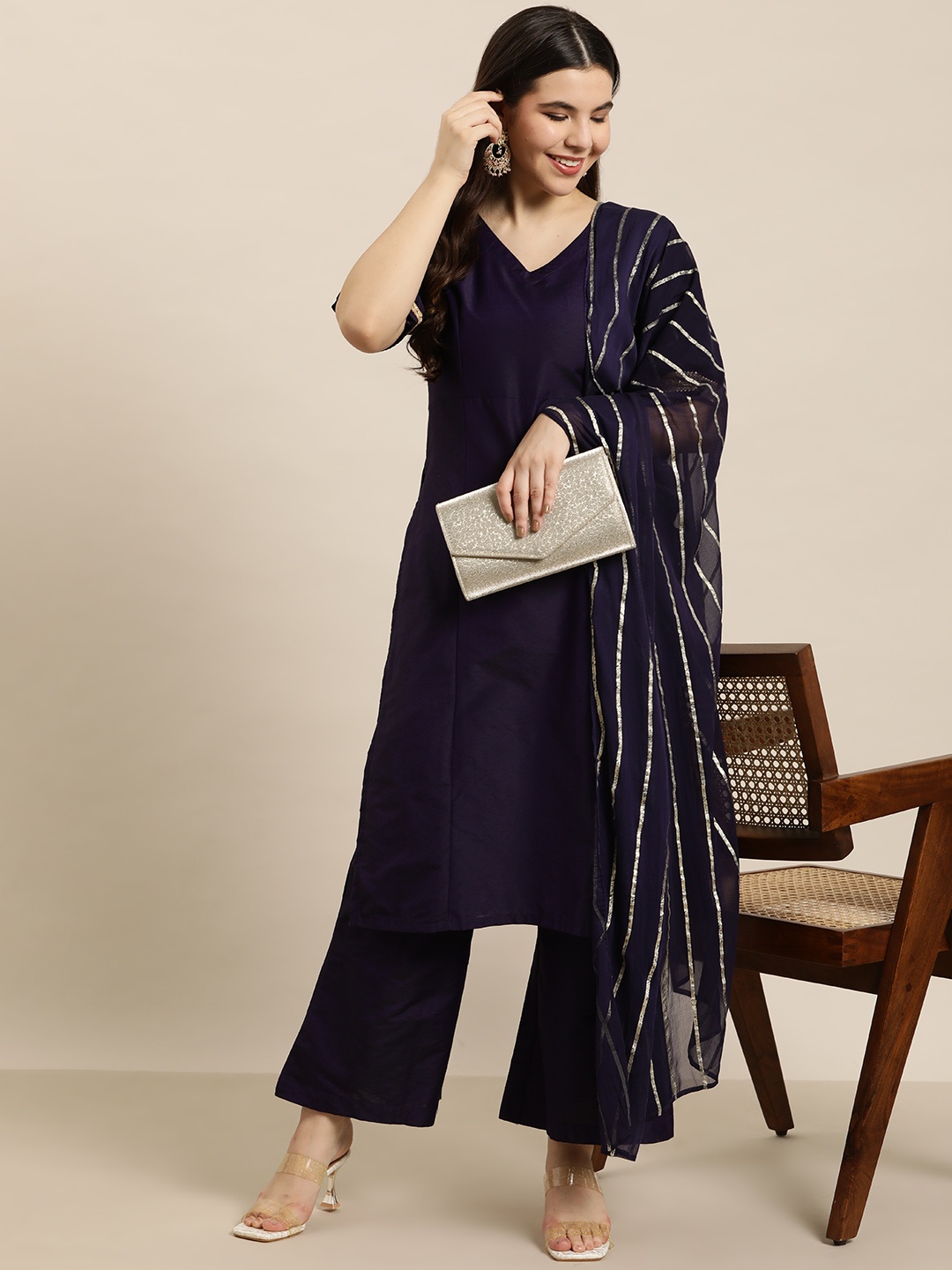 

HERE&NOW Gotta Patti Kurta with Palazzos & Dupatta, Purple