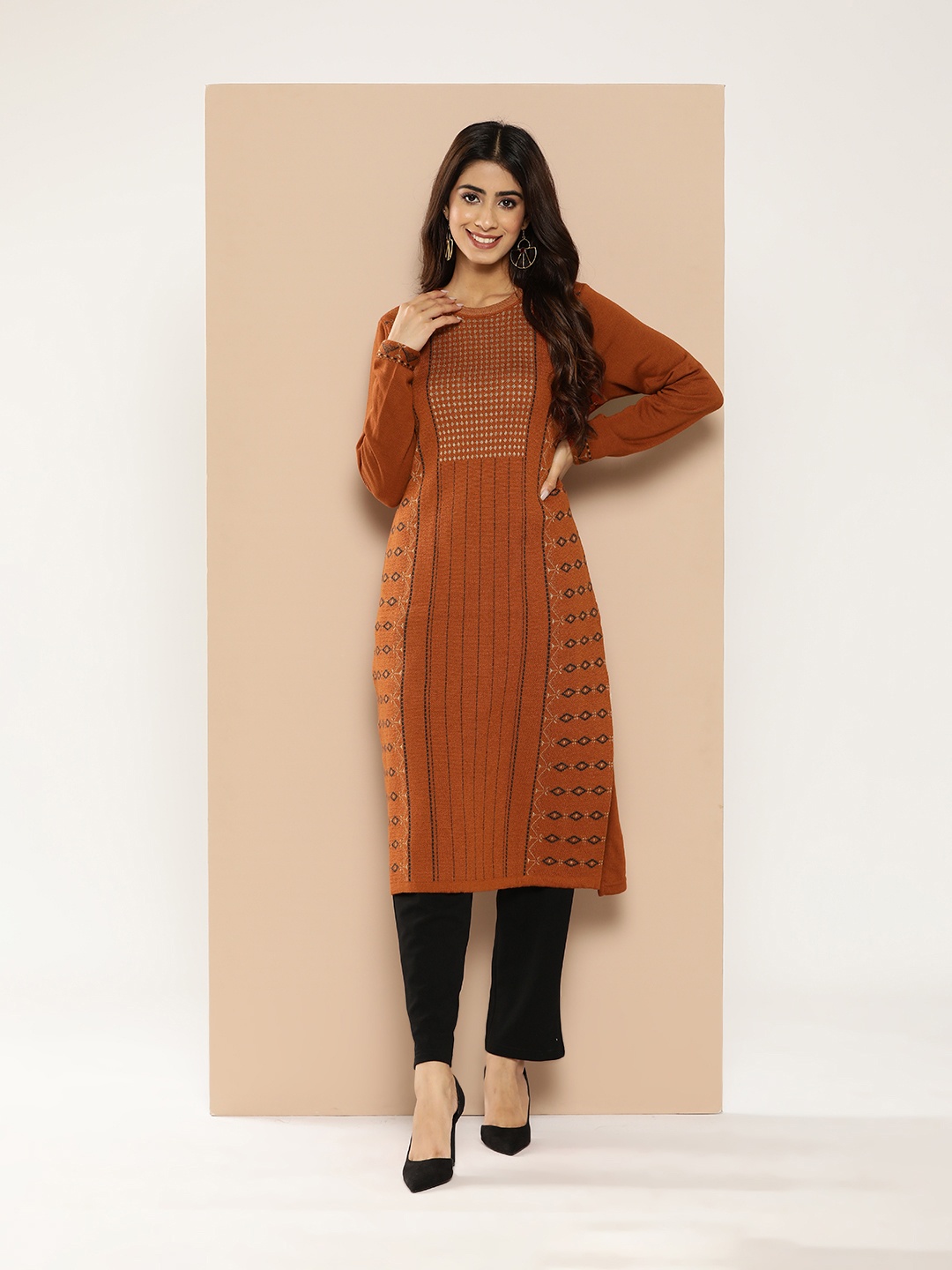 

HERE&NOW Geometric Woven Design Knitted Kurta, Brown