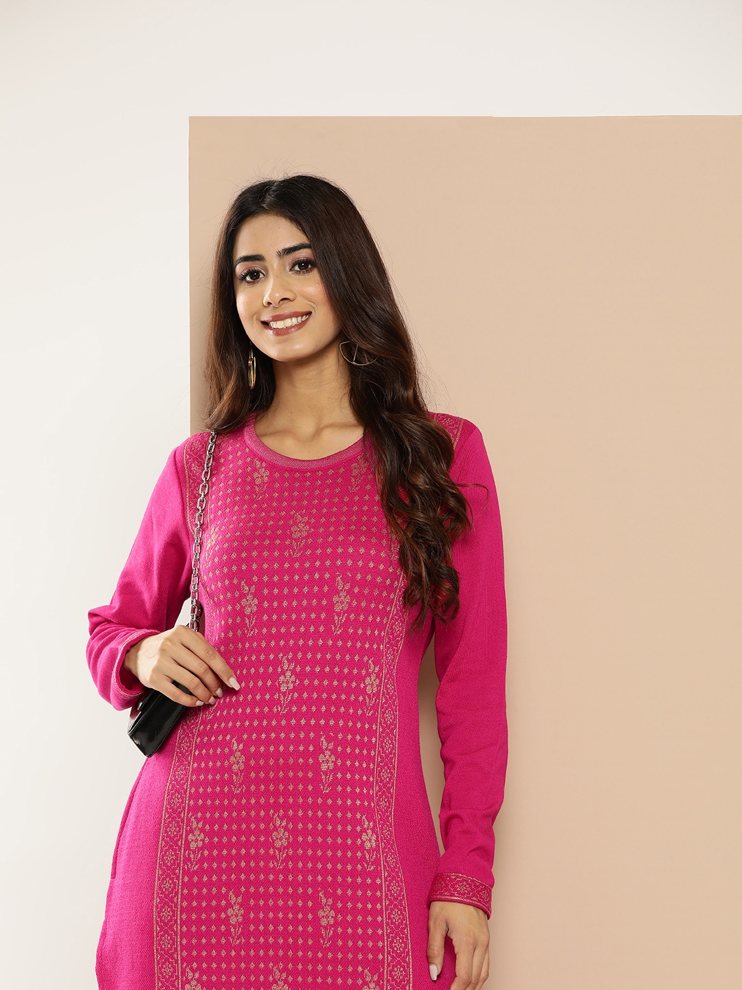 

HERE&NOW Ethnic Motifs Woven Design Knitted Kurta, Pink