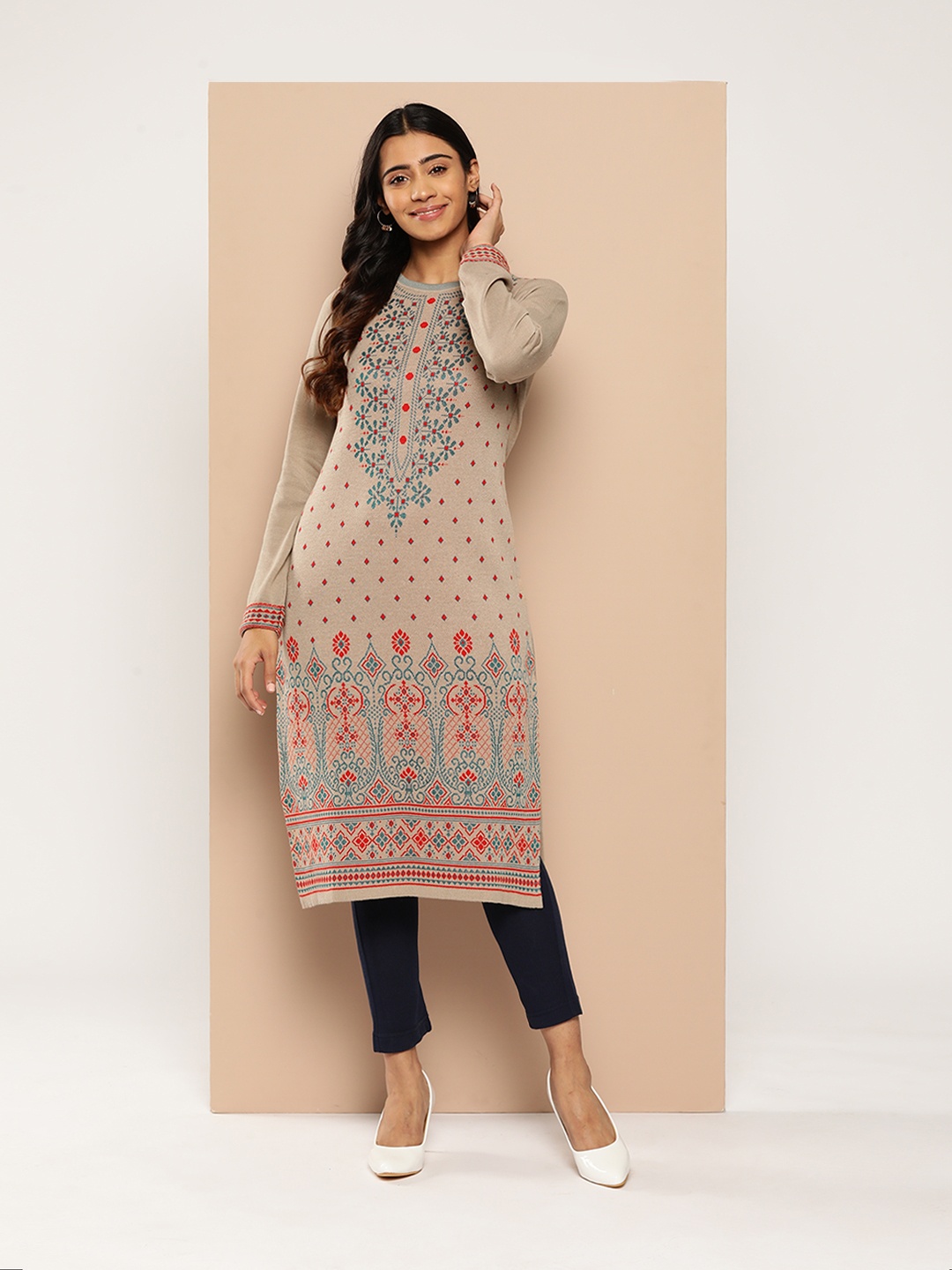 

HERE&NOW Woven Design Winter Kurta, Beige