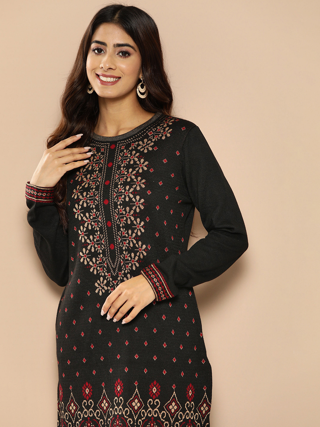 

HERE&NOW Woven Design Knitted Winter Kurta, Black