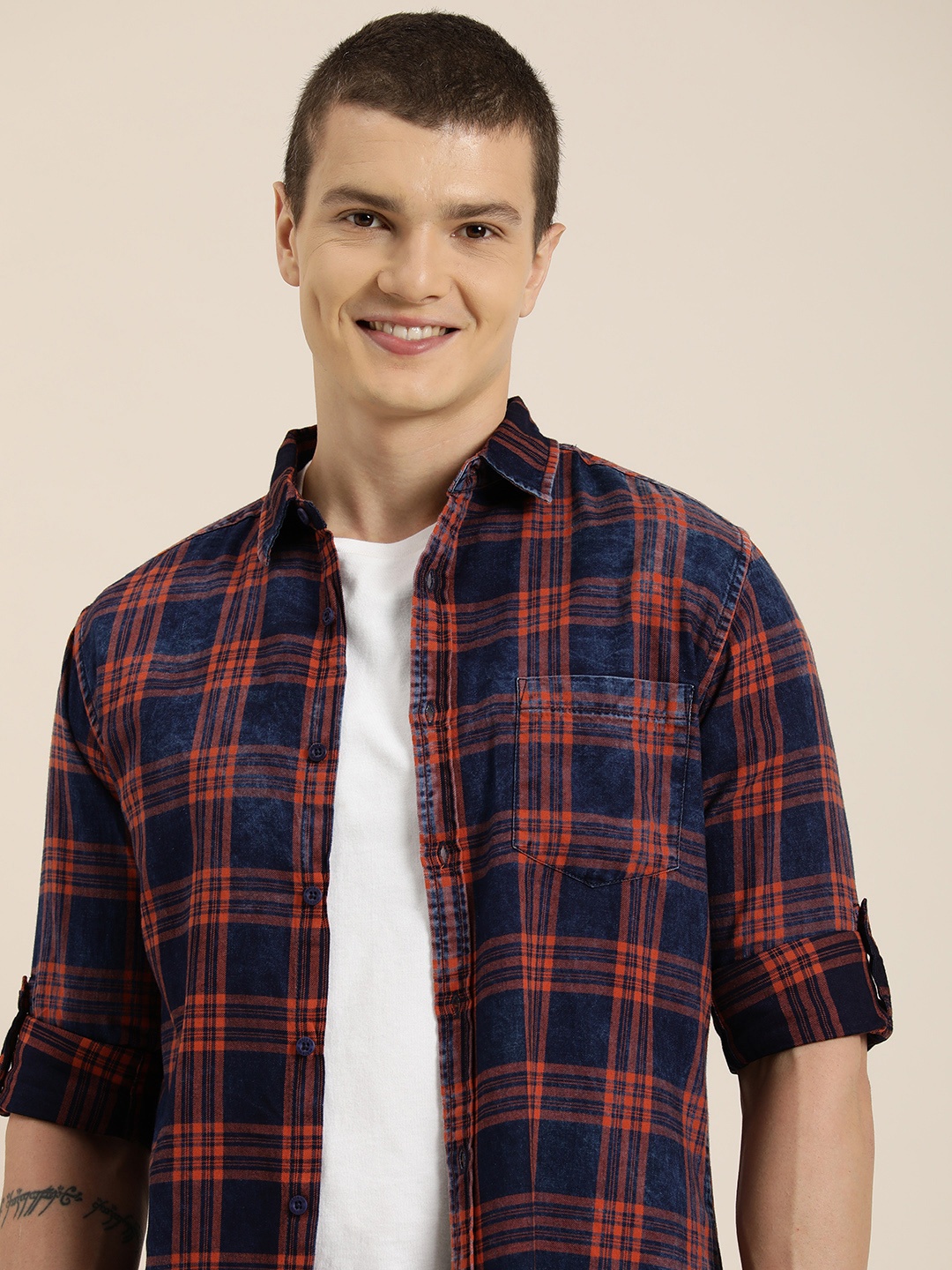 

HERE&NOW Pure Cotton Slim Fit Checked Casual Shirt, Navy blue