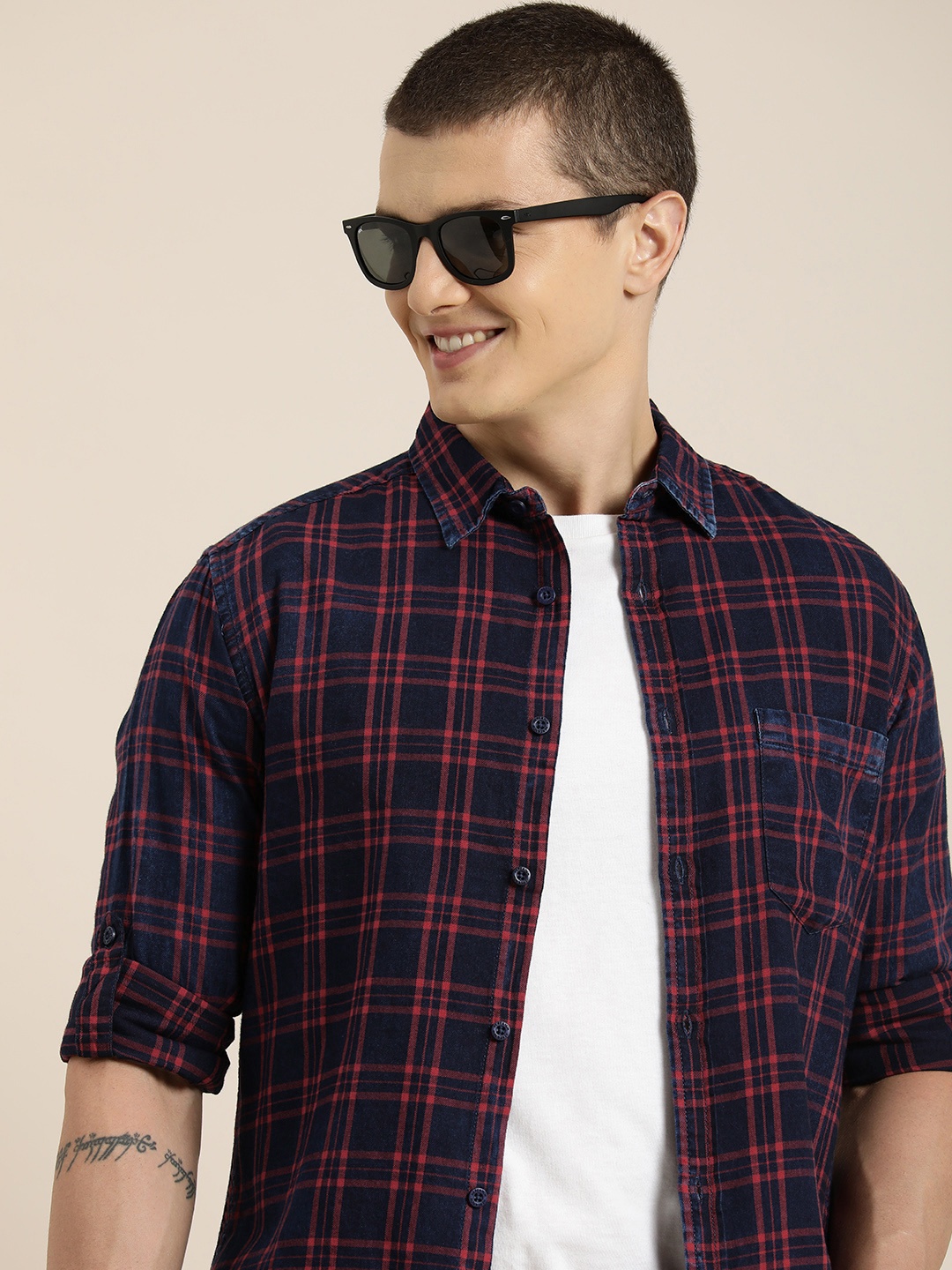 

HERE&NOW Slim Fit Checked Pure Cotton Casual Shirt, Navy blue