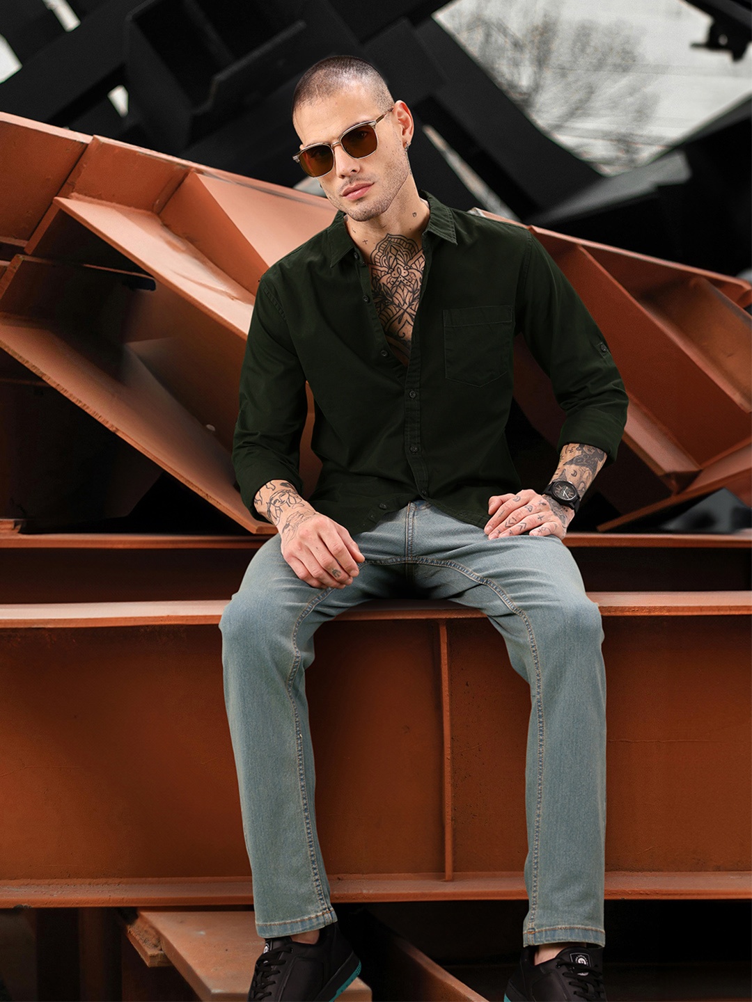 

HERE&NOW Slim Fit Pure Cotton Casual Shirt, Olive