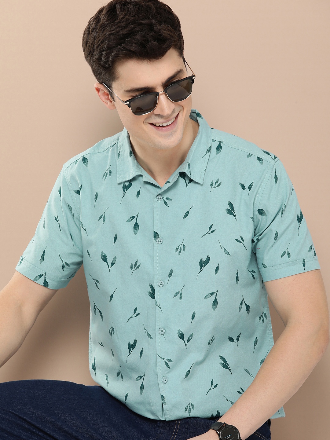 

HERE&NOW Pure Cotton Slim Fit Printed Casual Shirt, Turquoise blue