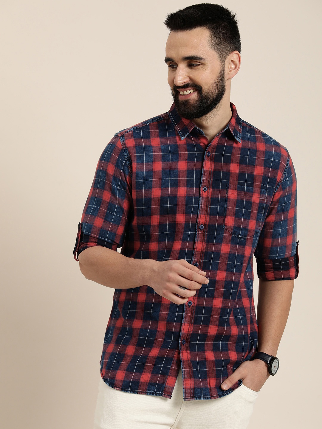 

HERE&NOW Slim Fit Checked Pure Cotton Casual Shirt, Red