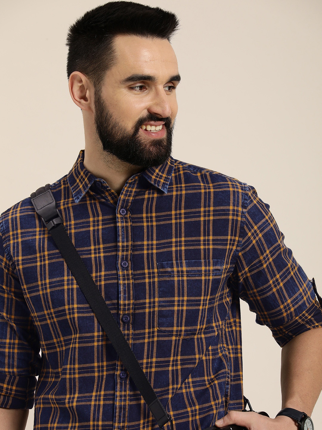 

HERE&NOW Pure Cotton Slim Fit Tartan Checked Casual Shirt, Navy blue