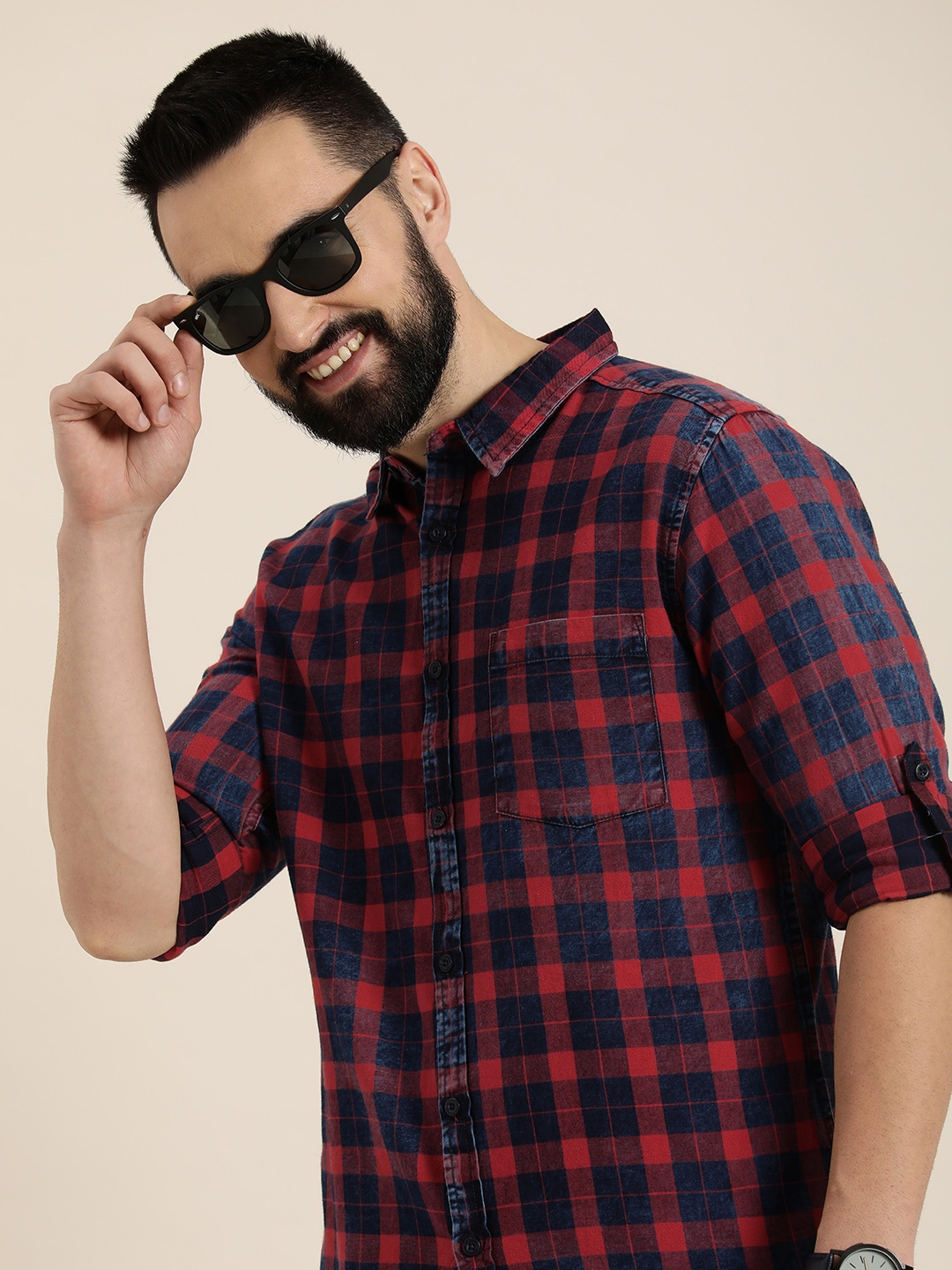 

HERE&NOW Pure Cotton Roll-Up Sleeves Checked Slim Fit Casual Shirt, Navy blue