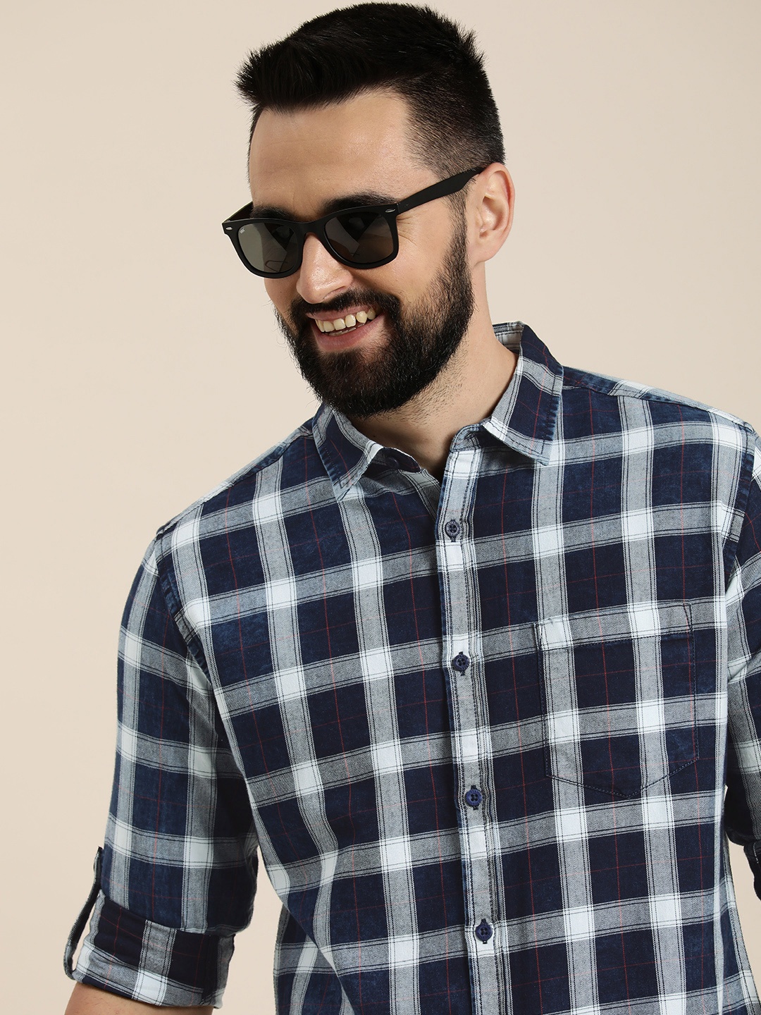 

HERE&NOW Slim Fit Checked Pure Cotton Casual Shirt, Navy blue
