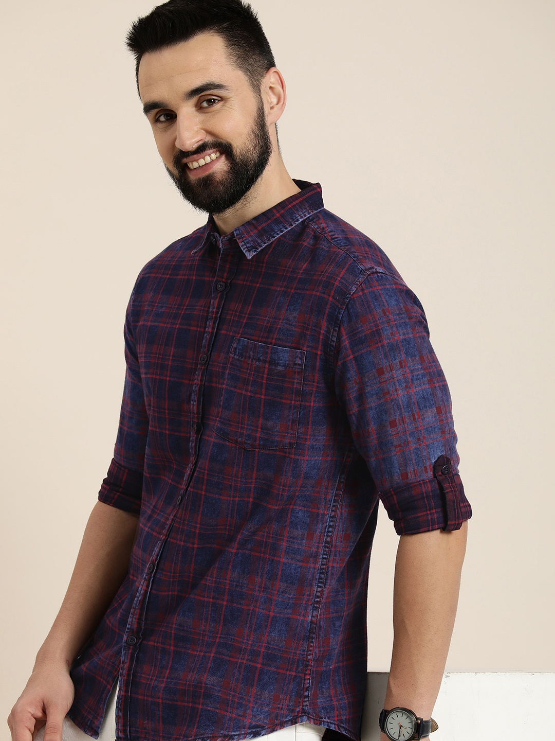 

HERE&NOW Pure Cotton Slim Fit Tartan Checked Casual Shirt, Navy blue