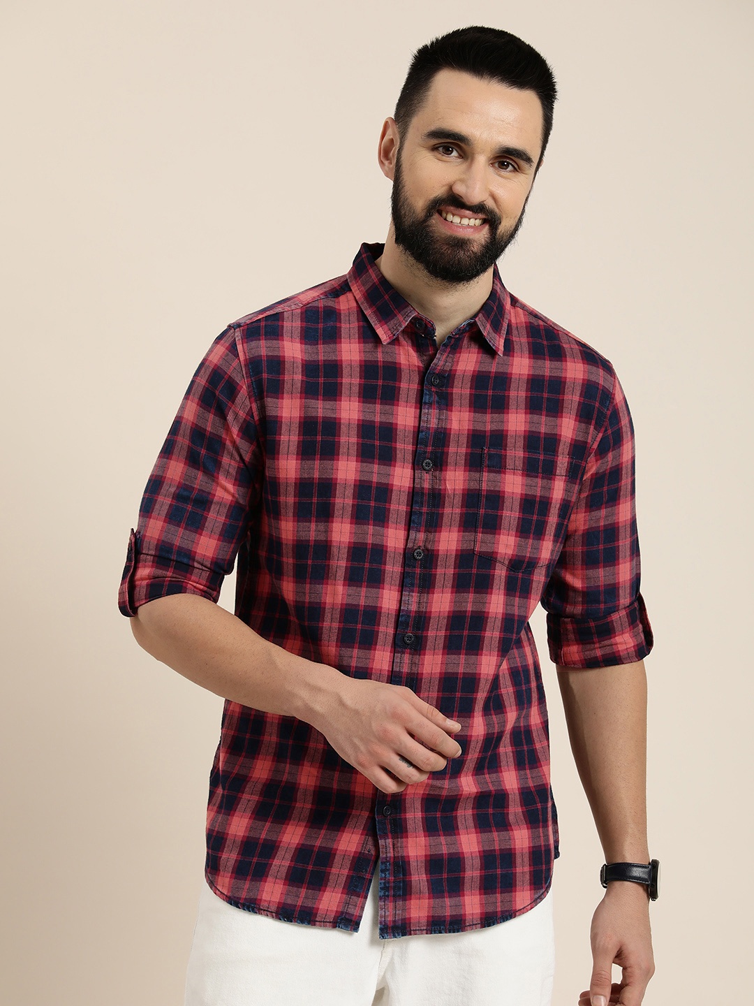 

HERE&NOW Pure Cotton Slim Fit Tartan Checked Casual Shirt, Navy blue