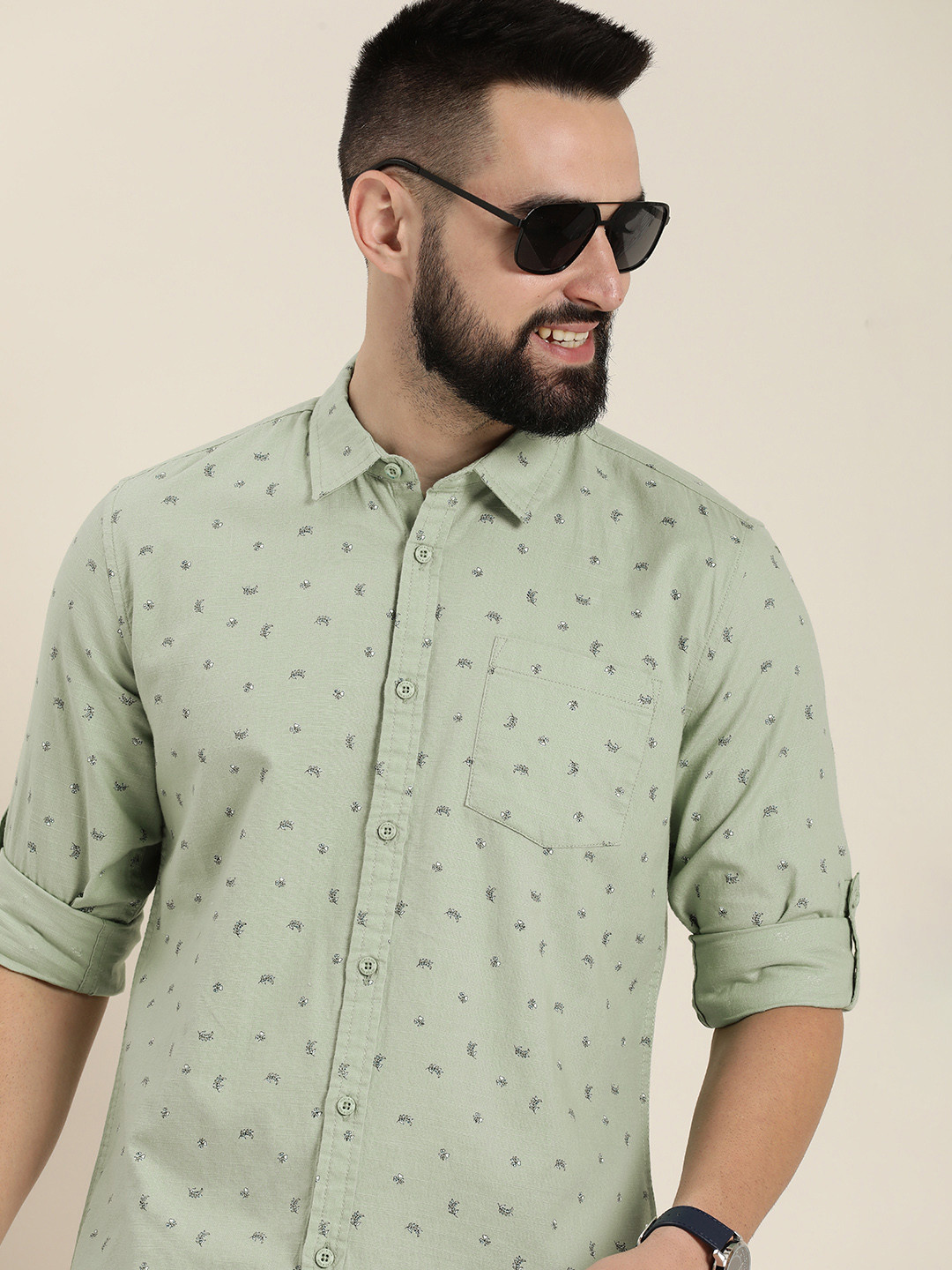 

HERE&NOW Floral Printed Slim Fit Pure Cotton Casual Shirt, Green