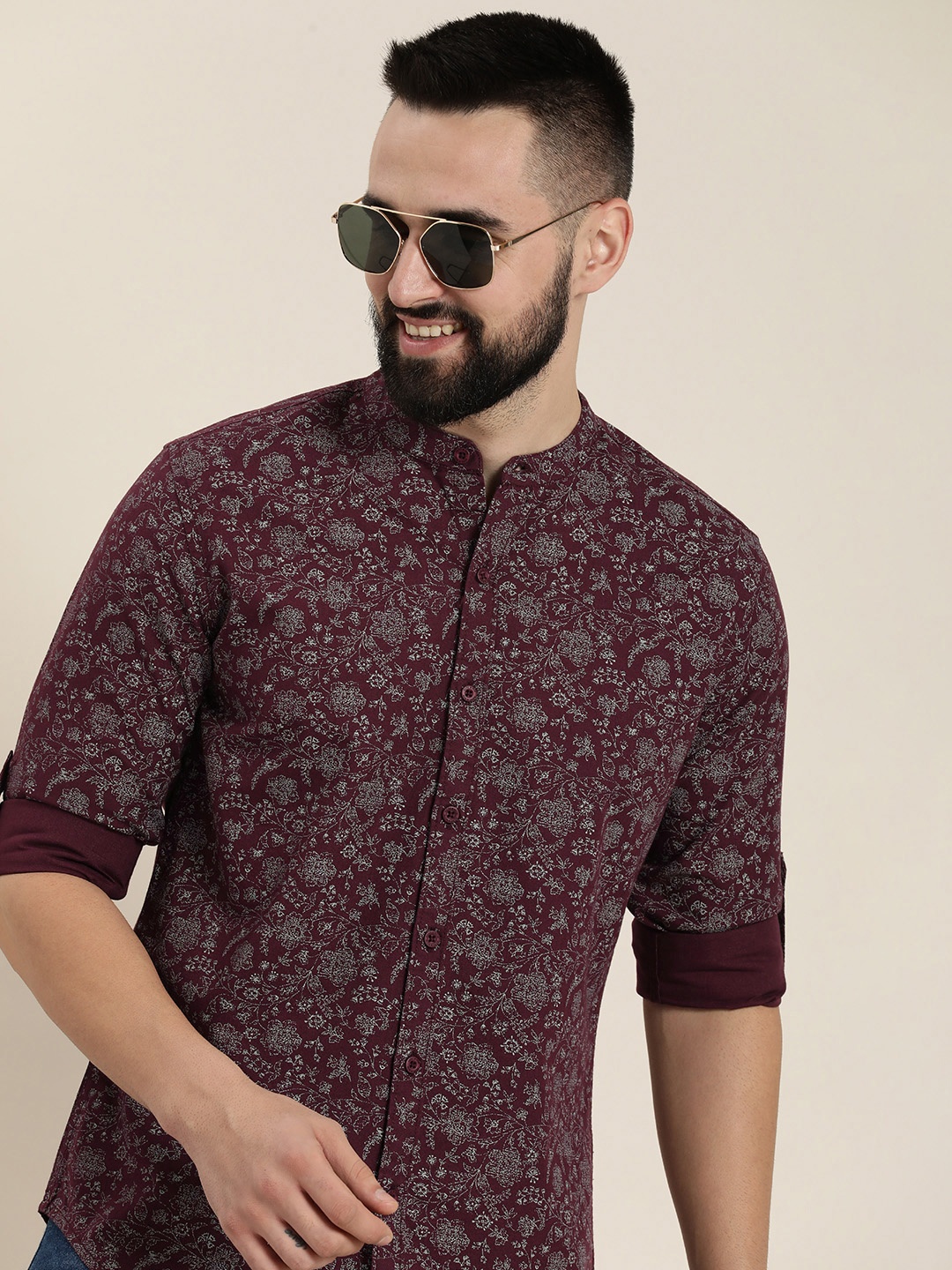 

HERE&NOW Floral Printed Slim Fit Pure Cotton Casual Shirt, Maroon