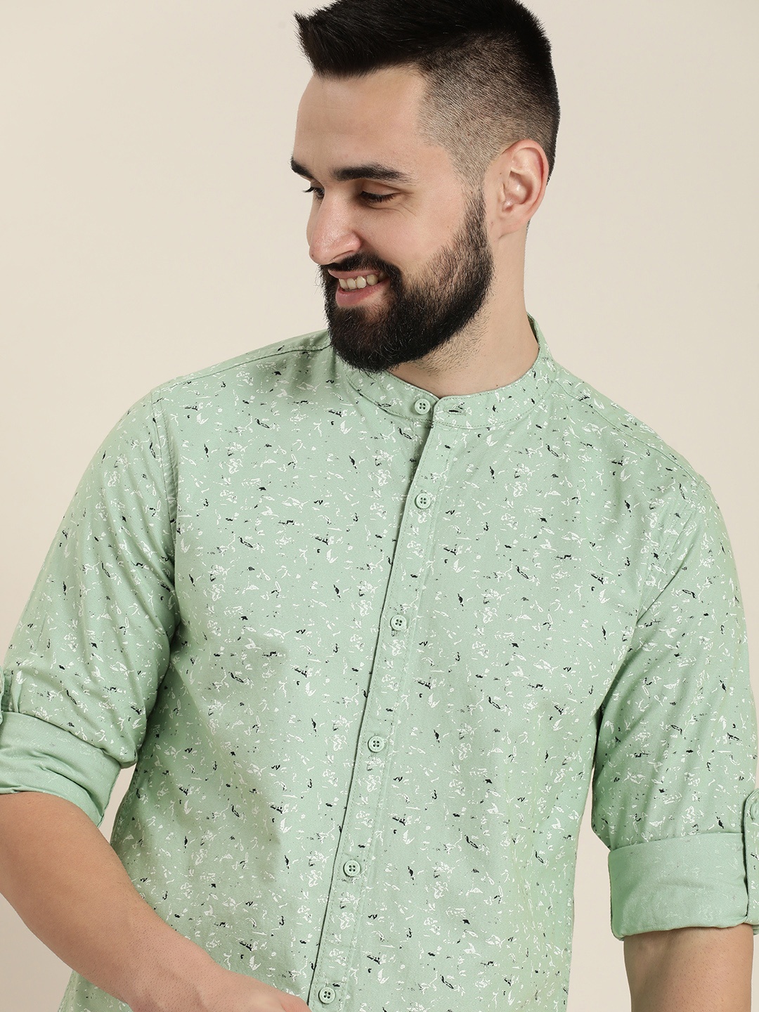 

HERE&NOW Abstract Printed Slim Fit Pure Cotton Casual Shirt, Green