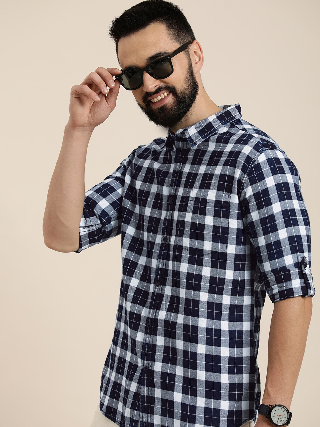 

HERE&NOW Slim Fit Checked Pure Cotton Casual Shirt, Navy blue