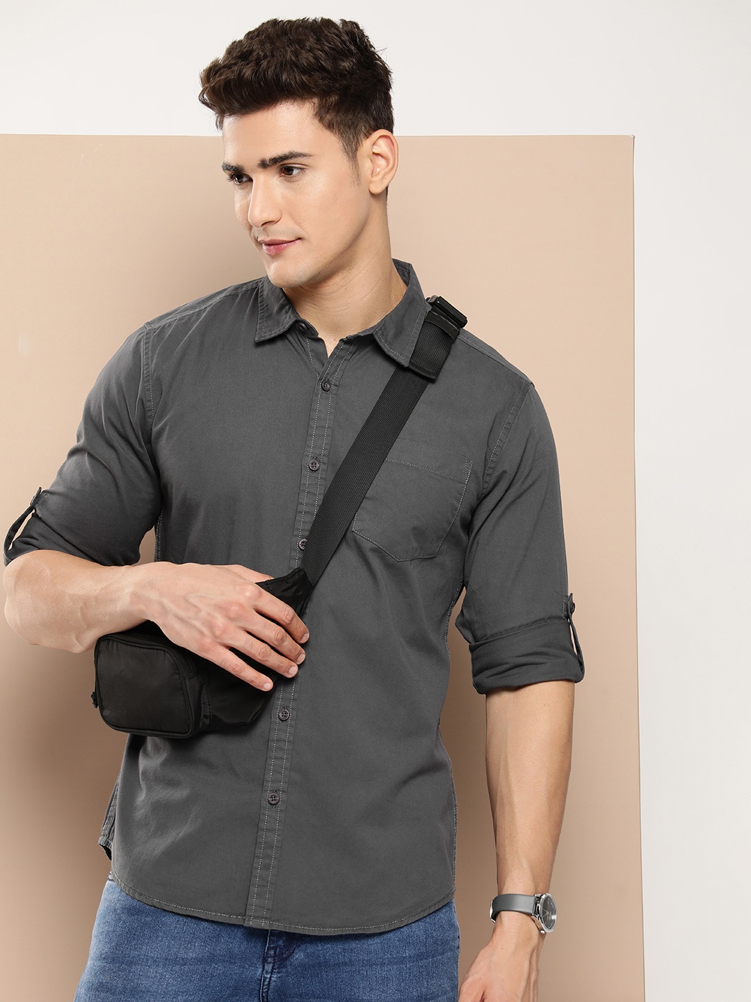 

HERE&NOW Slim Fit Cotton Casual Shirt, Charcoal