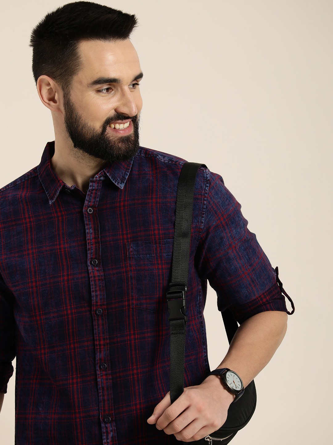 

HERE&NOW Pure Cotton Roll-Up Sleeves Checked Slim Fit Casual Shirt, Navy blue