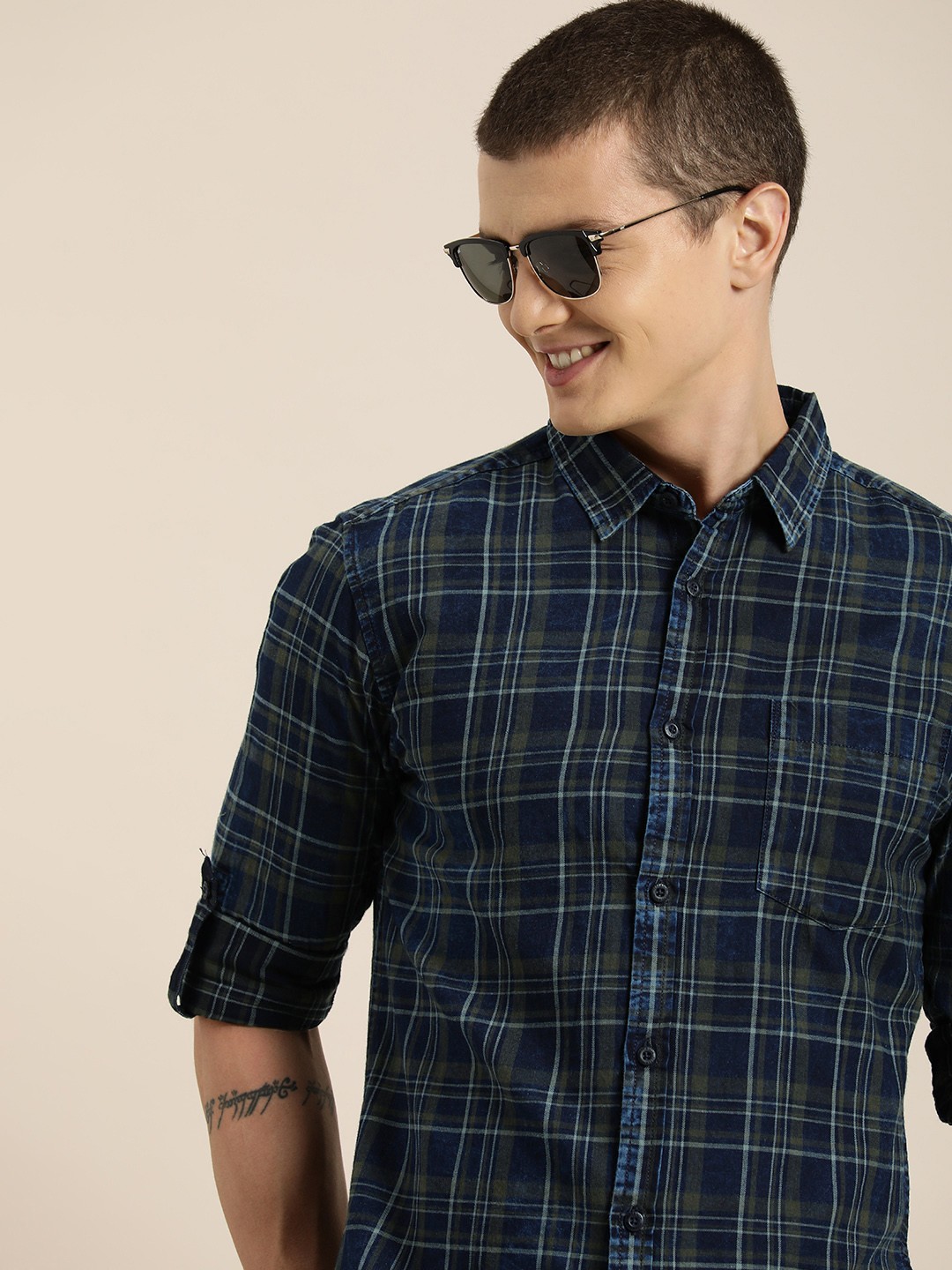 

HERE&NOW Pure Cotton Roll-Up Sleeves Checked Slim Fit Casual Shirt, Navy blue