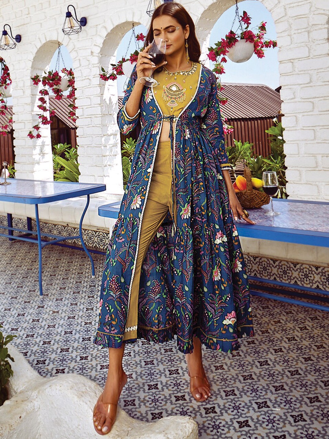 

Kiana Floral Embroidered Top With Palazzos & Shrug, Yellow