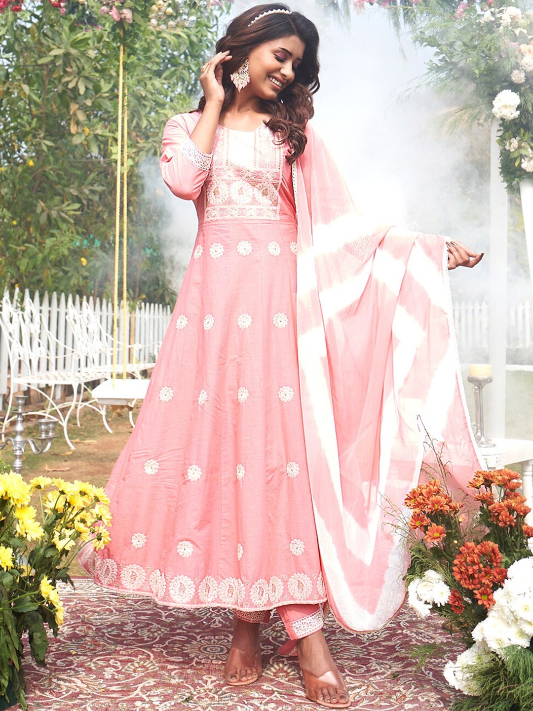 

Kiana Floral Embroidered Regular Kurta With Trousers & Dupatta, Pink