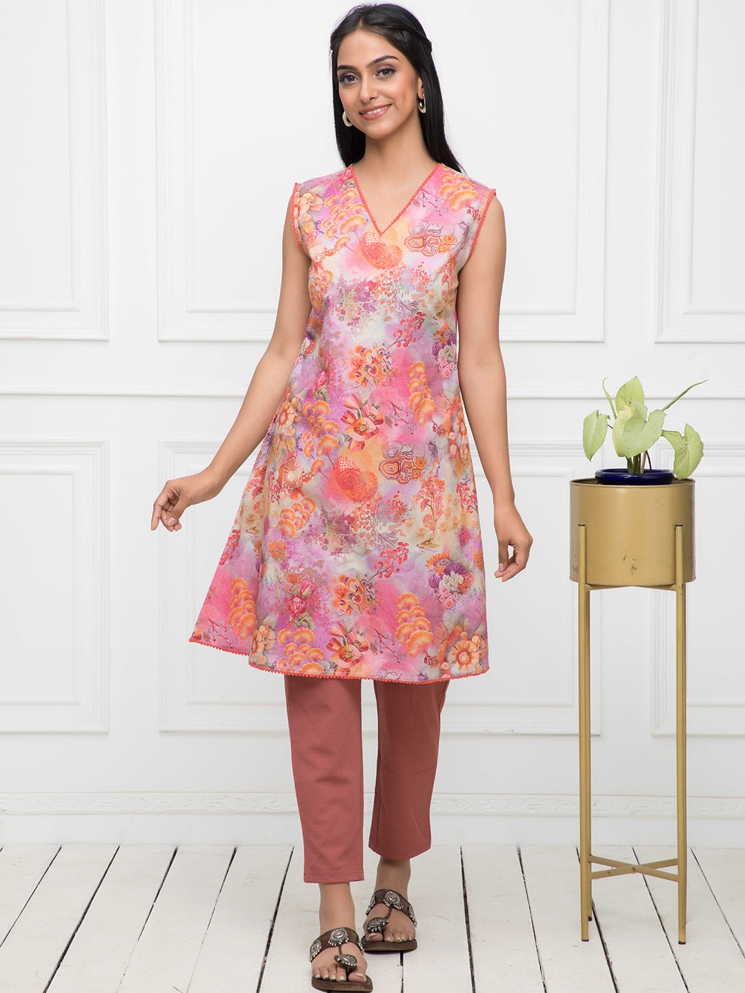 

KALINI Floral Printed Summer Sheers A-Line Kurta, Pink