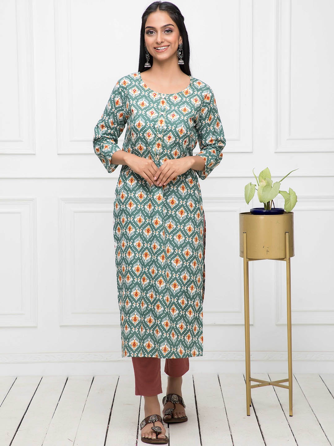 

KALINI Ethnic Motifs Printed Cotton Kurta, Teal