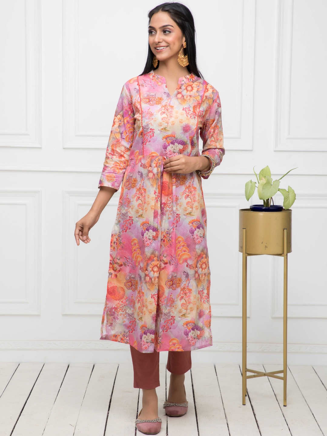 

KALINI Floral Printed Pure Cotton A Line Kurta, Pink