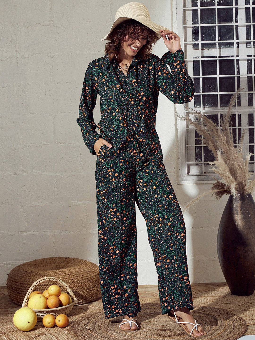 

SASSAFRAS Green Floral Printed Shirt Collar Top With Trousers