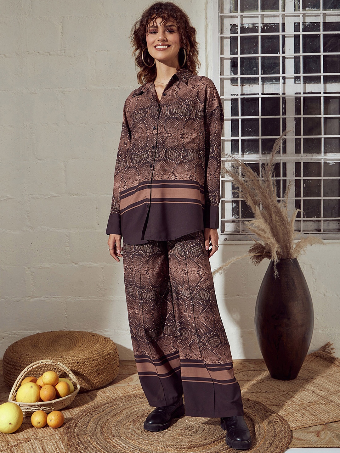 

SASSAFRAS Brown Printed Oversized Shirt & Palazzos