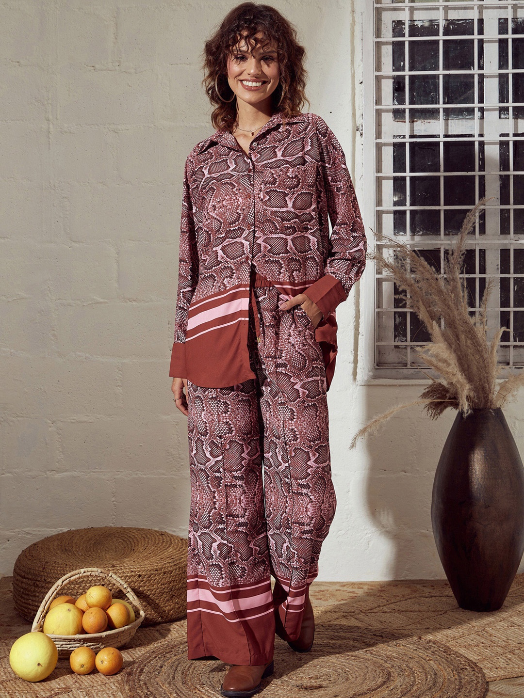 

SASSAFRAS Pink Printed Oversized Shirt & Palazzos
