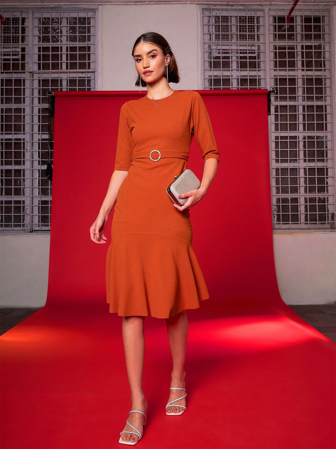 

SASSAFRAS Round Neck Flounce Hem Belted A-Line Dress, Orange