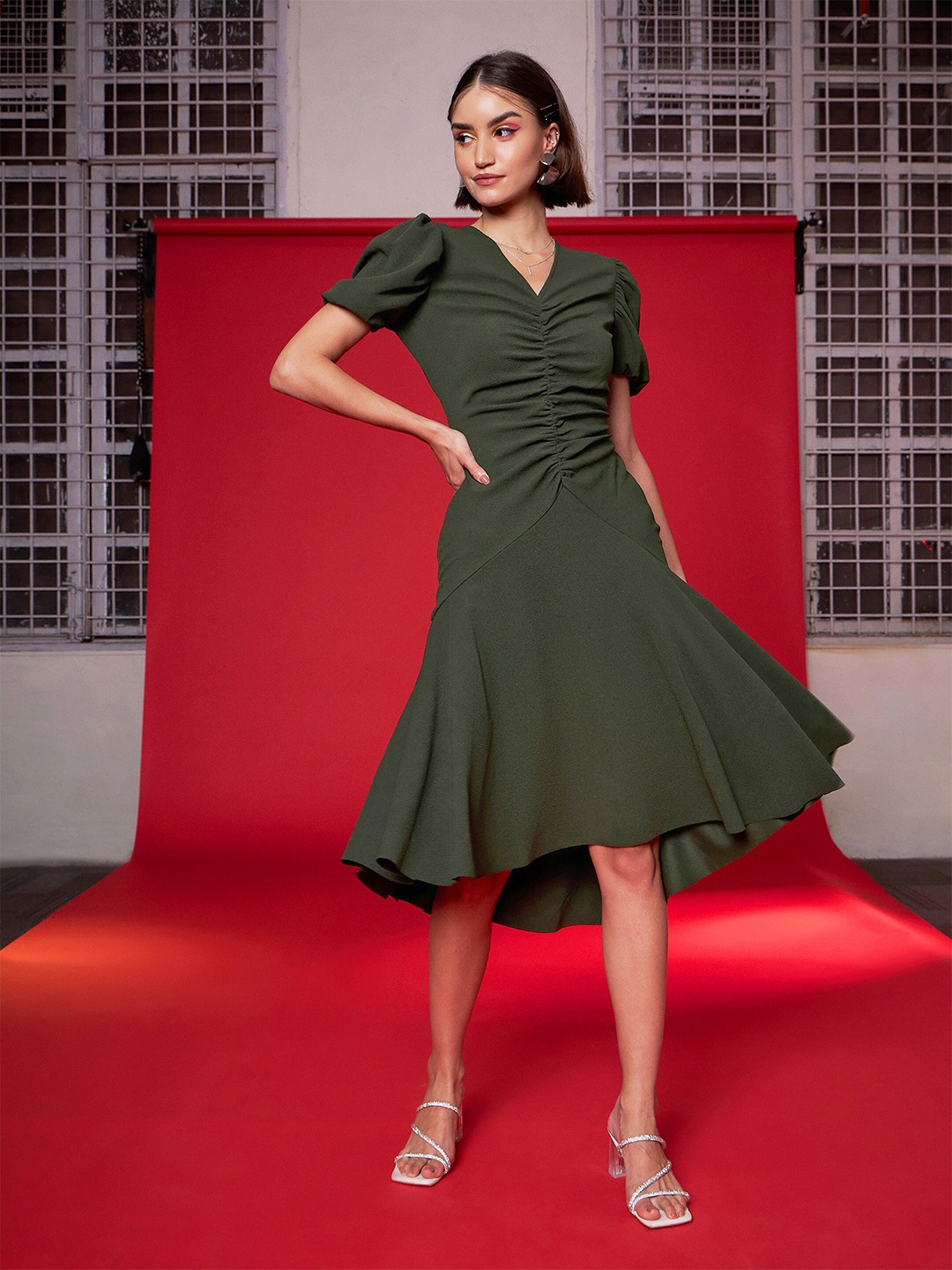 

SASSAFRAS Puff Sleeves Ruched A-Line Midi Dress, Olive