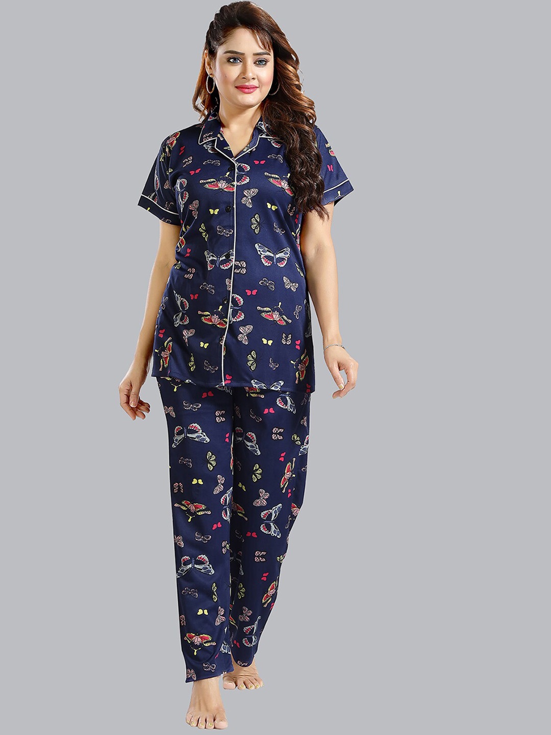 

FOMTI Conversational Printed Satin Night Suit, Navy blue