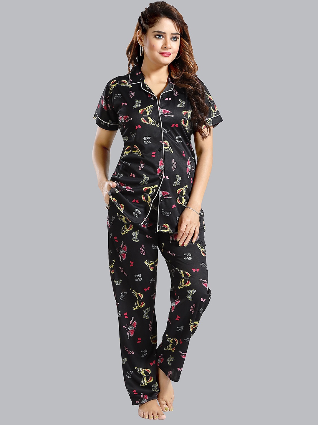

FOMTI Conversational Printed Satin Night Suit, Black