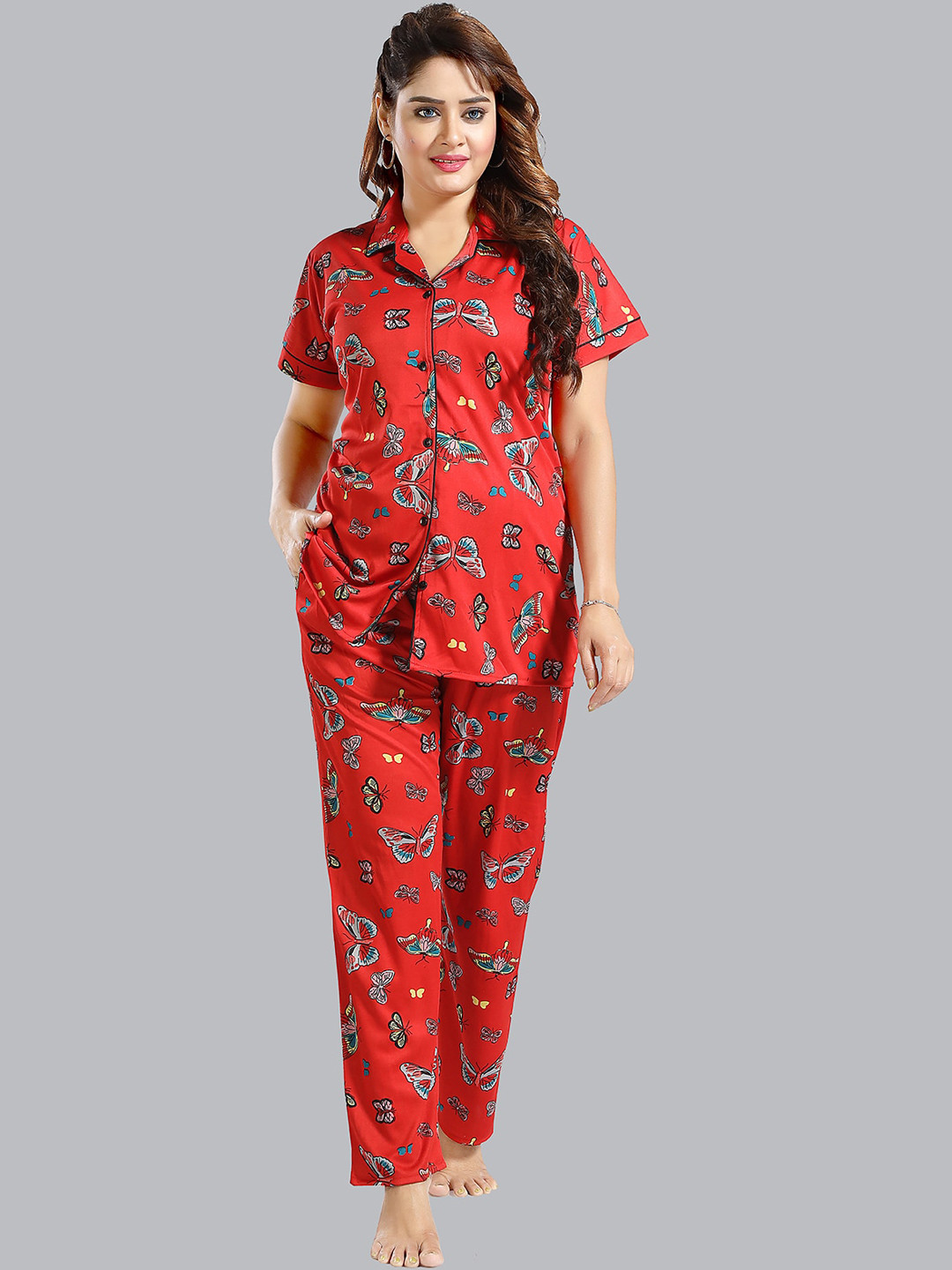 

FOMTI Conversational Printed Satin Night Suit, Red