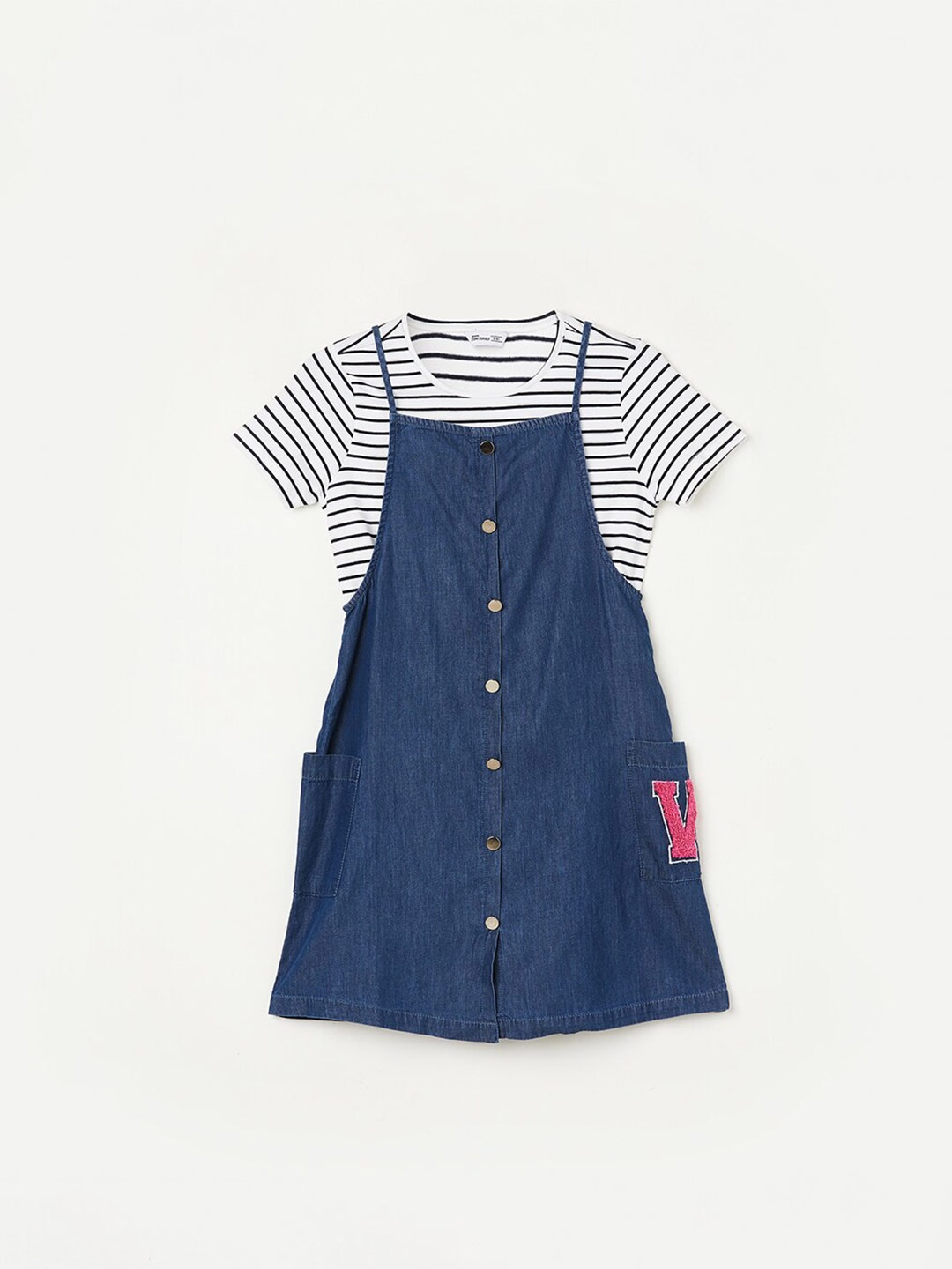 

Fame Forever by Lifestyle Girls Shoulder Straps Pure Cotton Pinafore Dress With T-Shirt, Blue