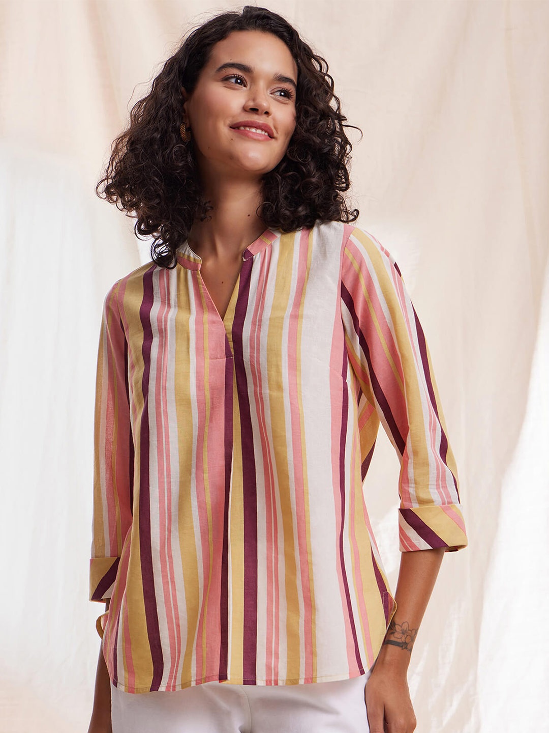 

Pink Fort Candy Stripes Mandarin Collar Cotton Top, Burgundy