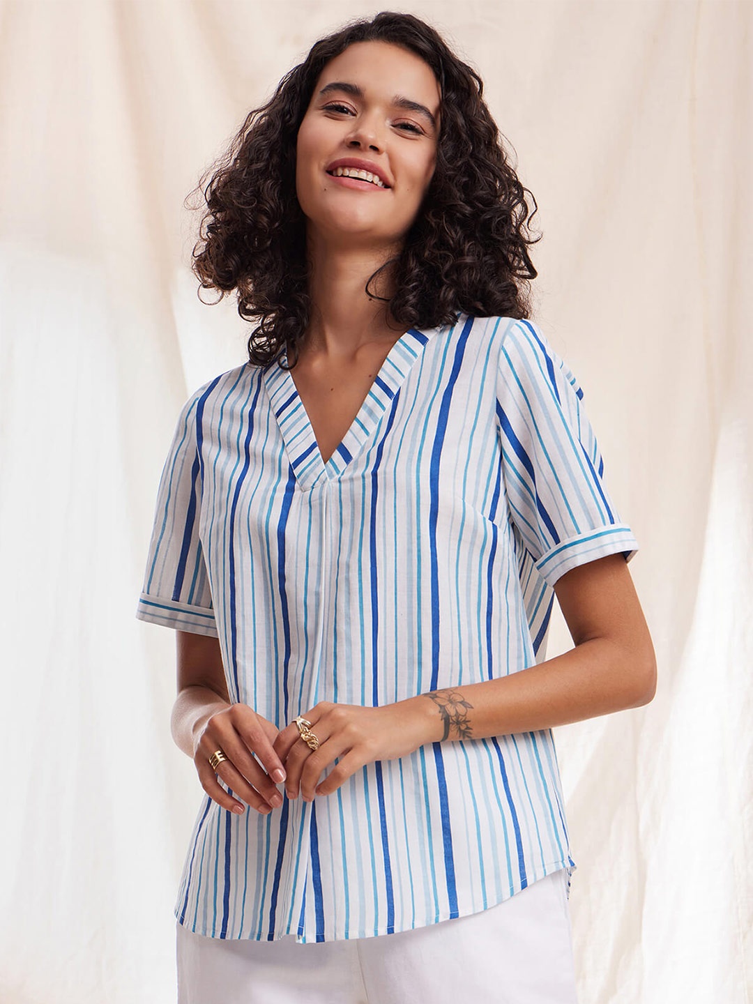 

Pink Fort Striped V-Neck Cotton Top, Blue