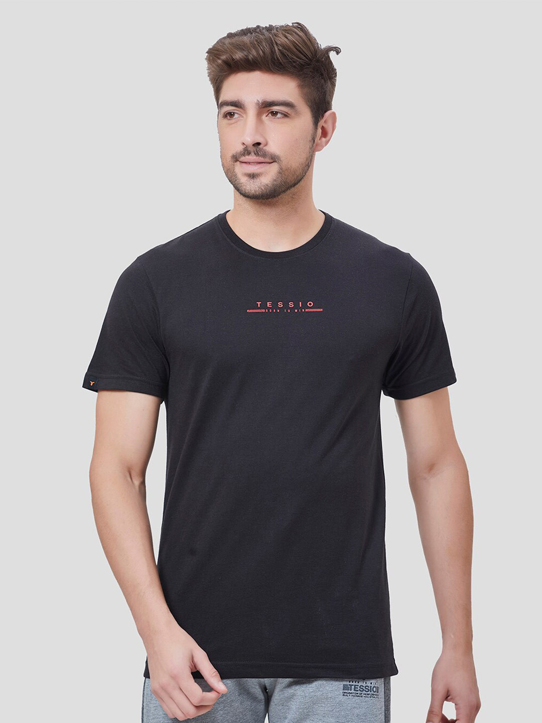 

TESSIO Typography Printed Round Neck Cotton Regular T-shirt, Black