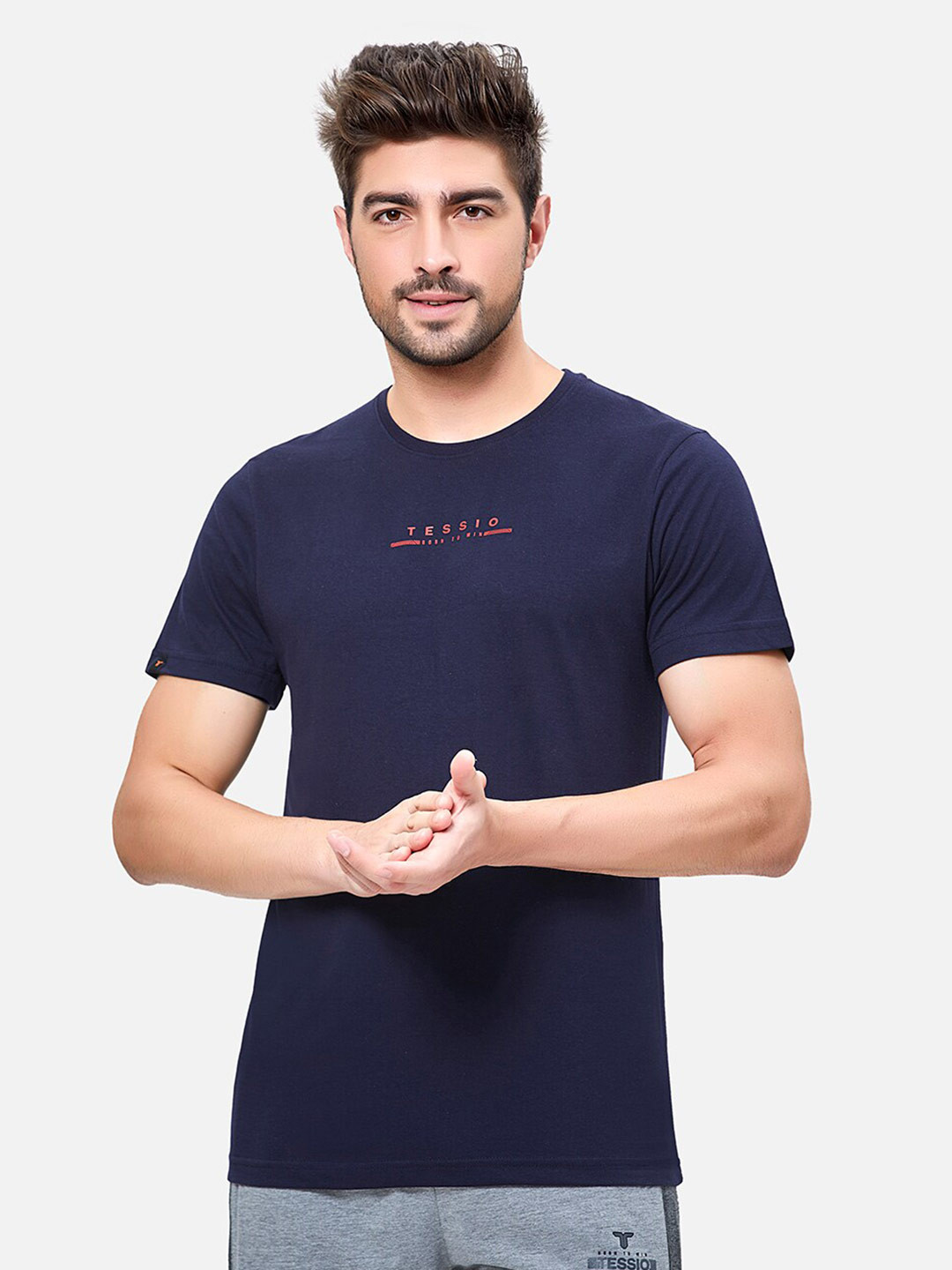 

TESSIO Round Neck Cotton T-shirt, Navy blue