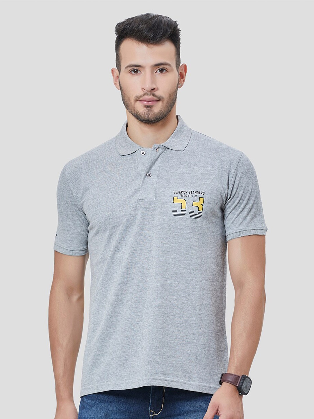

TESSIO Polo Collar Cotton T-shirt, Grey melange