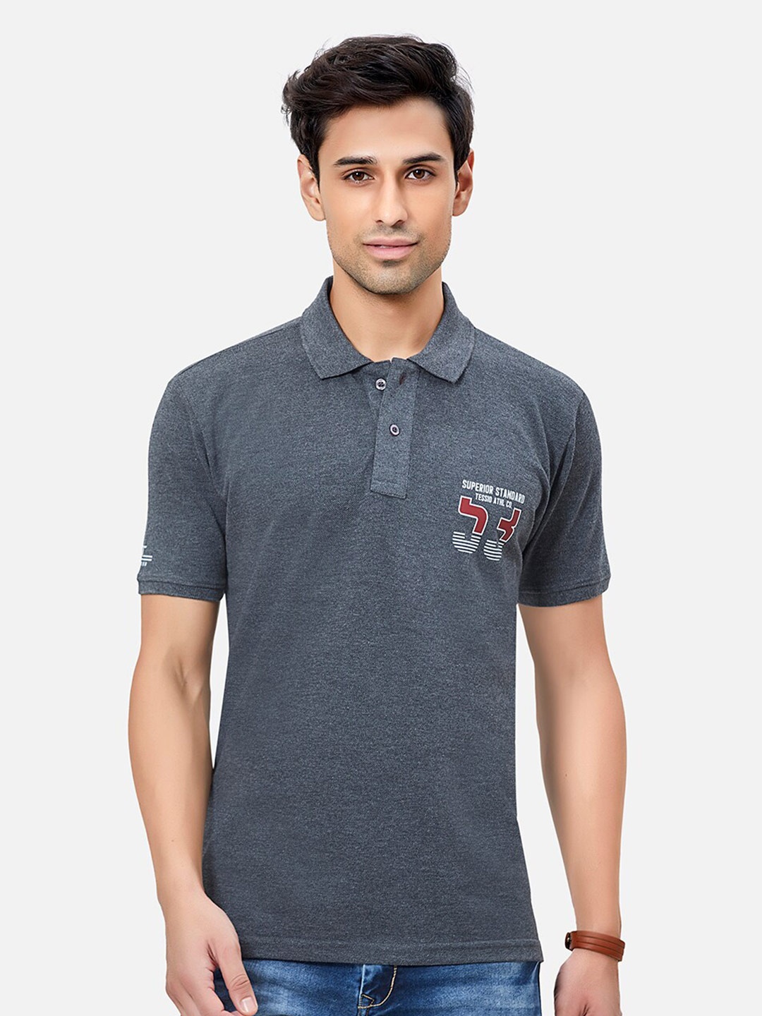 

TESSIO Polo Collar Cotton T-shirt, Grey melange