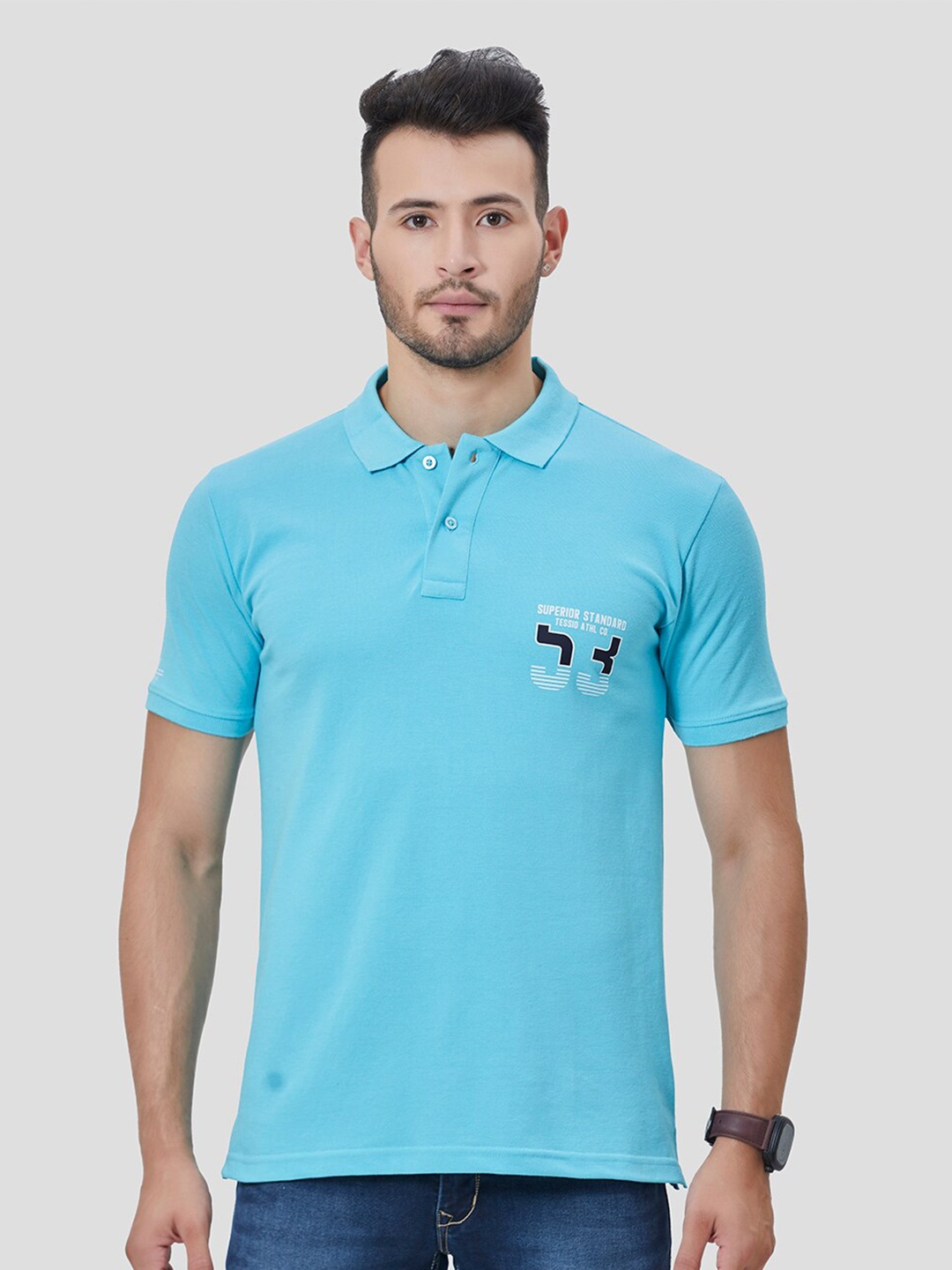 

TESSIO Polo Collar Cotton T-shirt, Turquoise blue