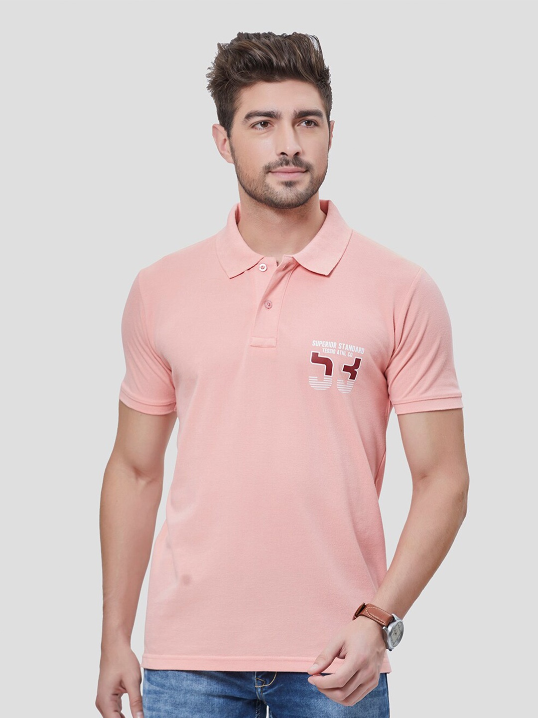 

TESSIO Polo Collar Cotton T-shirt, Peach