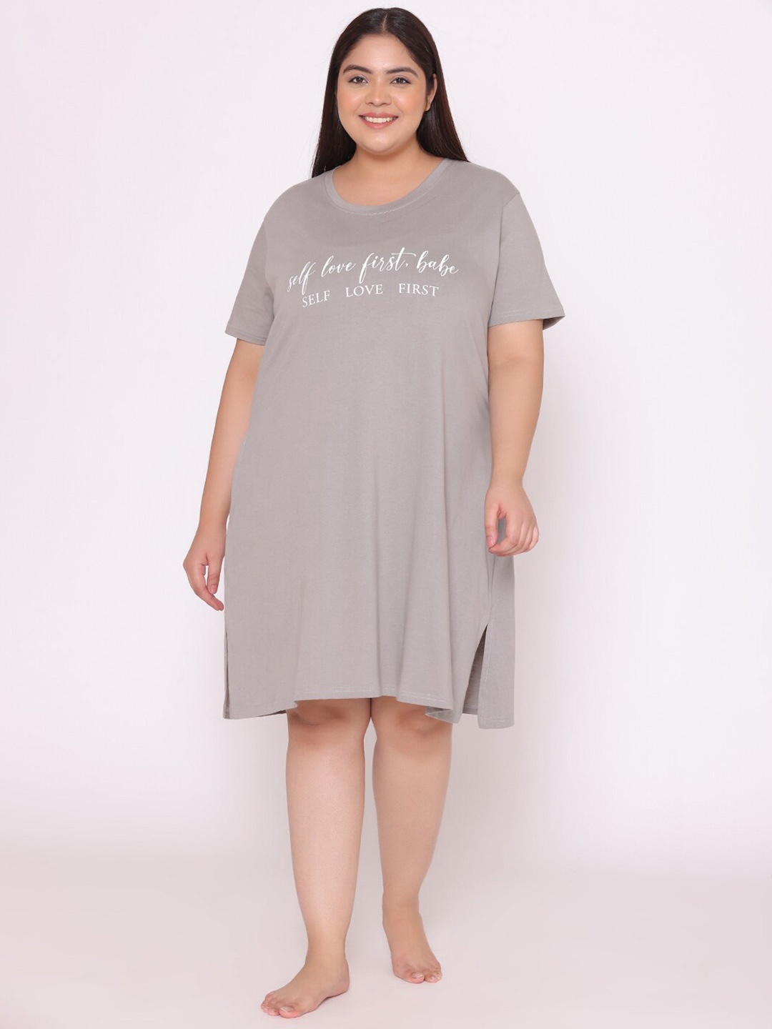 

TITTLI Plus Size Typography Printed T-Shirt Night Dress, Grey