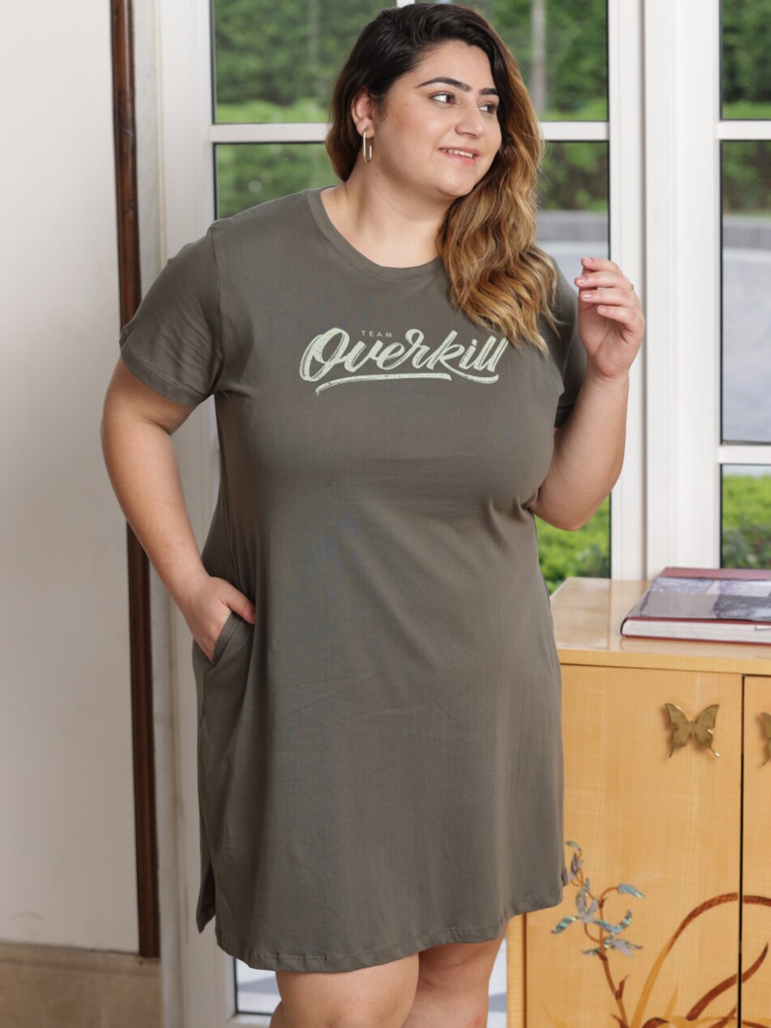 

TITTLI Plus Size Typography Printed T-Shirt Night Dress, Olive