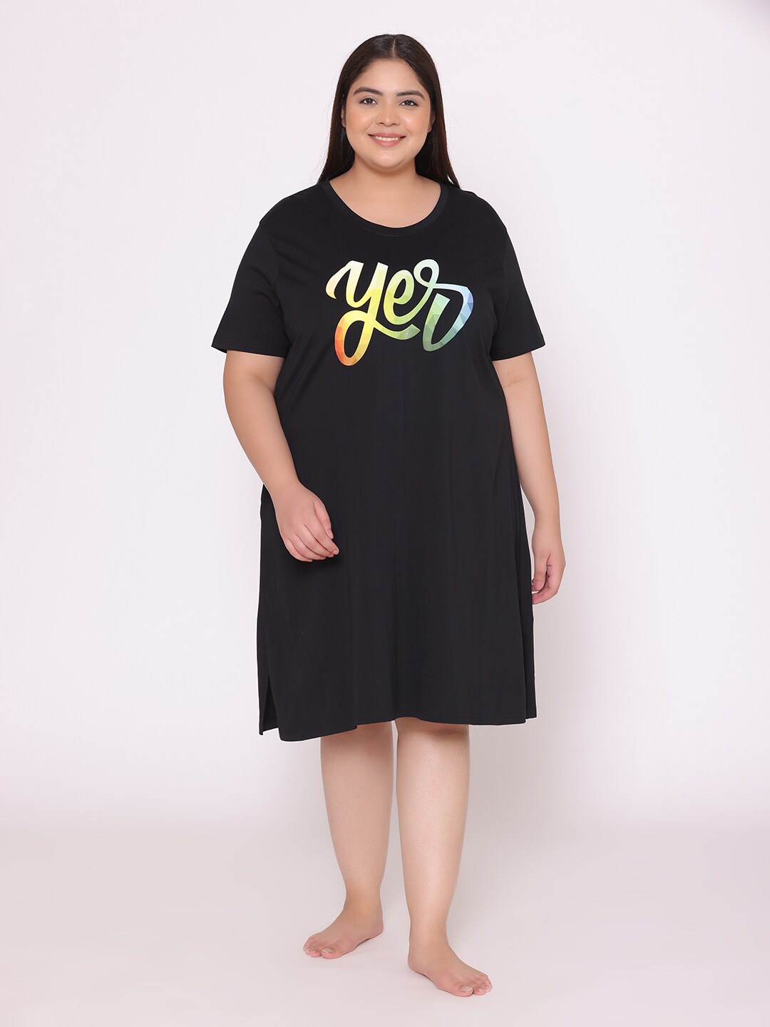 

TITTLI Plus Size Typography Printed T-Shirt Night Dress, Black